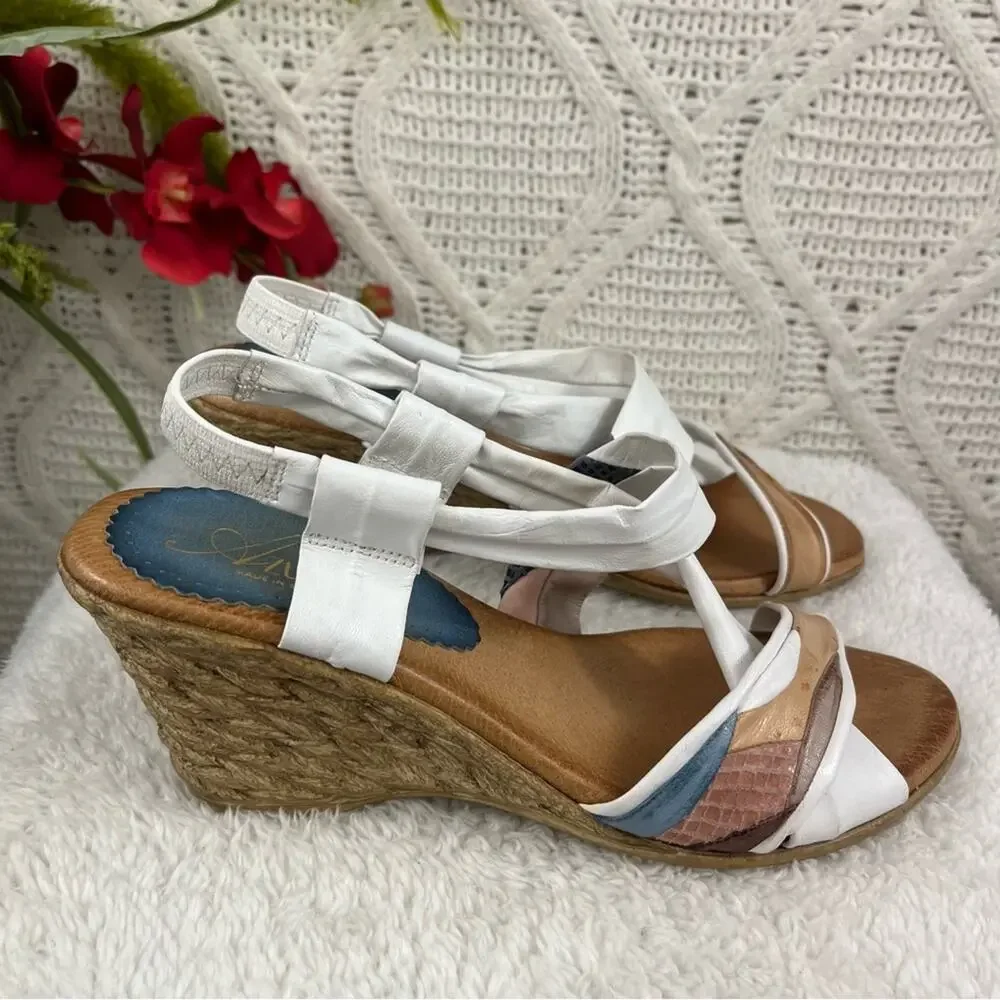 AZURA White Tan Patchwork Strap Wedge Criss-Cross Strap Leather Sandals‎ Sz 8/39